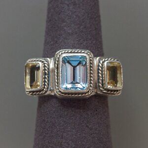 Lori Bonn Vintage Sterling Silver Gemstone Ring–Blue Topaz & Citrine, Size 57.5